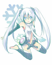 Rule 34 | bad id, bad pixiv id, blue eyes, blush, detached sleeves, hatsune miku, hatsune miku (append), long hair, mishima kurone, navel, open mouth, simple background, snowflakes, solo, thighhighs, twintails, vest, vocaloid, vocaloid append