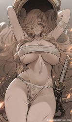 Rule 34 | 1girl, armpits, arms up, bandages, breasts, brown eyes, brown hair, collarbone, dishwasher1910, elden ring, fundoshi, genderswap, genderswap (mtf), gluteal fold, hair over one eye, highres, japanese clothes, katana, large breasts, let me solo her, long hair, looking at viewer, mole, mole on breast, mole under eye, rope, sarashi, scar, scar across eye, scar on breasts, solo, sword, tarnished (elden ring), thighs, very long hair, wavy hair, weapon