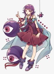 Rule 34 | 1girl, bug, cape, character name, dress, fire emblem, fire emblem: the sacred stones, full body, highres, lute (fire emblem), mogall, monster, nintendo, open mouth, pikapika hoppe, purple eyes, purple hair, shoes, simple background, sleeveless, sleeveless dress, spider, white background