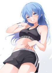 Rule 34 | 1girl, absurdres, black pants, blue eyes, blue hair, blue nails, bra, breasts, character name, eat some cookie, hair between eyes, highres, hololive, hoshimachi suisei, long hair, looking at viewer, medium breasts, nail polish, navel, pants, shorts, simple background, smile, solo, standing, stomach, sweatband, teeth, training bra, underwear, virtual youtuber, white background