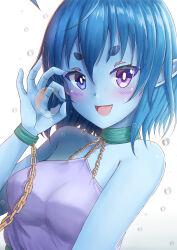 Rule 34 | 1girl, air bubble, bare shoulders, blue hair, blush, breasts, bubble, chain, commentary request, commission, copyright request, dress, gradient background, grey background, hair between eyes, hand up, highres, holding, medium breasts, prophosphere, purple dress, purple eyes, short eyebrows, sleeveless, sleeveless dress, solo, thick eyebrows, upper body, virtual youtuber, white background