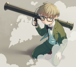Rule 34 | 1boy, brown footwear, electronic firearm, fighting stance, formal, glasses, green eyes, green pants, gun, jeff andonuts, long sleeves, m1 bazooka, male focus, mother (game), mother 2, nintendo, pants, rocket launcher, serious, shifumame, shoes, short hair, smoke, solo focus, suit, suspenders, weapon