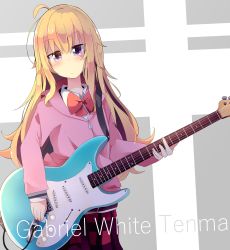 Rule 34 | 1girl, absurdres, ahoge, blonde hair, bow, bowtie, cardigan, character name, commentary request, cowboy shot, electric guitar, expressionless, gabriel dropout, gabriel tenma white, grey background, guitar, highres, hood, hoodie, instrument, long hair, pachio, pink cardigan, pleated skirt, purple eyes, school uniform, skirt, solo