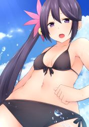Rule 34 | 10s, 1girl, absurdres, akebono (kancolle), bell, bikini, blush, breasts, cloud, day, flower, hair bell, hair flower, hair ornament, highres, hoshimiya aki, jingle bell, kantai collection, long hair, looking at viewer, ocean, open mouth, purple eyes, purple hair, side ponytail, sky, small breasts, solo, swimsuit, very long hair, water