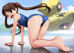 Rule 34 | 1girl, ass, bare arms, bare legs, bare shoulders, barefoot, bird, black one-piece swimsuit, blue eyes, blurry, blurry background, bow, brown hair, commentary request, depth of field, duck, feet, legs, looking at viewer, looking to the side, mecha, one-piece swimsuit, open mouth, original, ponytail, red bow, robot, rohitsuka, school swimsuit, smile, soles, solo, swimsuit