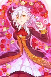 1girl absurdres antenna_hair ascot braid brooch buttons collared_shirt crossed_bangs fate/grand_order fate_(series) flower hair_between_eyes highres jewelry kibanda_gohan long_hair looking_at_viewer lying olga_marie_animusphere pantyhose partially_submerged pink_flower pink_rose red_ascot red_flower red_pantyhose red_rose rose shirt side_braid solo very_long_hair water white_hair white_shirt yellow_eyes yellow_flower yellow_rose