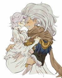 Rule 34 | 2boys, aged down, blush, brothers, brown scarf, carrying, carrying person, child, cropped torso, crossdressing, dark souls (series), dark souls i, dark souls iii, dark sun gwyndolin, facing another, from side, grey hair, grin, highres, long hair, long sleeves, male focus, male with breasts, multiple boys, nameless king, scarf, short sleeves, siblings, simple background, smile, teeth, trap, upper body, white background, zunkome