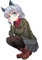 Rule 34 | 1girl, absurdres, animal ears, bad id, bad pixiv id, black pantyhose, boots, cat ears, green eyes, hand on own cheek, hand on own face, highres, lucha tongxie, military, military uniform, no tail, pantyhose, plaid, plaid skirt, red shirt, sanya v. litvyak, shirt, short hair, silver hair, skirt, smile, solo, squatting, strike witches, uniform, world witches series