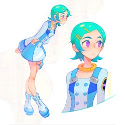 Rule 34 | 1girl, aqua hair, arm behind back, boots, breasts, dress, eureka (eureka seven), eureka seven, eureka seven (series), full body, green hair, hair ornament, hairclip, highres, long sleeves, looking to the side, purple eyes, short hair, solo, standing, thigh strap, valerie garnace, white footwear