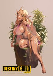 Rule 34 | 1girl, :d, ahoge, anklet, armlet, bare shoulders, bird, bird on hand, blonde hair, blue eyes, breasts, covered erect nipples, destiny child, detached sleeves, dryades (destiny child), dryades (destiny child), fang, flip-flops, full body, hair ornament, highres, huge breasts, jewelry, long hair, long sleeves, looking at viewer, mole, mole under eye, neck ring, no bra, official art, open mouth, pelvic curtain, plant, pointy ears, revealing clothes, sandals, sitting, skin fang, skindentation, smile, solo, thigh strap, very long hair, zig90