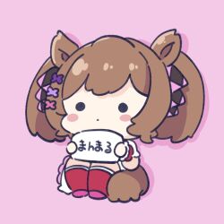 Rule 34 | 1girl, animal ears, blush stickers, bow, brown hair, chibi, closed mouth, commentary request, full body, hair bow, highres, holding, horse ears, horse girl, horse tail, kneehighs, nozo (hitomiz), pink background, pink bow, puffy short sleeves, puffy sleeves, purple bow, red socks, shadow, shirt, short sleeves, simple background, smart falcon (umamusume), socks, solid circle eyes, solo, tail, translation request, twintails, umamusume, white shirt, wrist cuffs