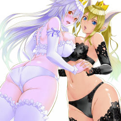 Rule 34 | 2girls, :o, alternate costume, ass, back, bare shoulders, black bra, black detached sleeves, black legwear, black panties, blonde hair, blush, bowsette, bra, breast press, breasts, butt crack, cameltoe, cleavage, couple, crown, curvy, detached sleeves, embarrassed, female focus, frilled bra, frilled legwear, frills, ghost, hair between eyes, hip focus, holding hands, horns, huge ass, interlocked fingers, lace, lace-trimmed bra, lace-trimmed legwear, lace-trimmed panties, lace trim, large breasts, lingerie, lips, long hair, looking at viewer, looking back, luigi&#039;s mansion, mario (series), midriff, mini crown, monster girl, multiple girls, navel, new super mario bros. u deluxe, nintendo, open mouth, panties, pointy ears, ponytail, princess king boo, red eyes, sharp teeth, shiny skin, shy, sideboob, sidelocks, silver hair, simple background, standing, stomach, strapless, strapless bra, super crown, switch01, symmetrical docking, teeth, thick thighs, thighhighs, thighs, underwear, white bra, white detached sleeves, white horns, white legwear, white panties, wide hips, yuri
