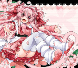 Rule 34 | 1girl, animal ears, arm warmers, bad id, bad pixiv id, blush, bow, breasts, cat ears, cat tail, cherry blossoms, flower, hair bow, hair flower, hair ornament, komomo (tk), large breasts, long hair, open mouth, original, outstretched arms, outstretched hand, panties, paw shoes, petals, pink background, pink hair, pink theme, shoes, smile, solo, tail, takatsuki ichi, thighhighs, underwear, white thighhighs