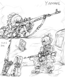 Rule 34 | 1girl, alternate costume, boots, bullpup, contemporary, dragunov svd, drawing (object), female focus, gloves, greyscale, gun, kisume, kurodani yamame, lleu, lying, military, military operator, military uniform, monochrome, on stomach, picture frame, ponytail, rifle, scope, sitting, sketch, sniper rifle, solo, suppressor, touhou, uniform, weapon