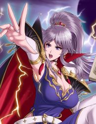 Rule 34 | 1girl, armor, armpits, belt, black cape, black choker, book, boots, breasts, bridal gauntlets, cape, casting spell, choker, cleavage, collar, commentary, cross, cross earrings, dress, earrings, elbow gloves, eyelashes, fire emblem, fire emblem: genealogy of the holy war, gloves, high collar, holding, holding book, ishtar (fire emblem), jewelry, large breasts, leg up, light purple hair, lips, long hair, necklace, nintendo, pauldrons, ponytail, purple dress, purple eyes, rakusai (saisai garou), serious, shoulder armor, sidelocks, thigh boots, thighhighs, tsurime, very long hair, white footwear, white gloves