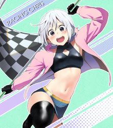 Rule 34 | 1girl, :d, alternate costume, black gloves, black thighhighs, blush, breasts, chris (konosuba), commentary request, flag, gloves, green background, green skirt, grey hair, highres, holding, holding flag, izawa (bhive003), jacket, knee up, kono subarashii sekai ni shukufuku wo!, long sleeves, medium breasts, multicolored background, navel, open clothes, open jacket, open mouth, racing suit, short hair, skirt, smile, solo, stomach, teeth, thighhighs, upper teeth only
