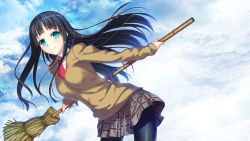 Rule 34 | 10s, 1girl, aqua eyes, bamboo broom, black pantyhose, blue sky, breasts, broom, closed mouth, cloud, collared shirt, cowboy shot, day, dress shirt, eyebrows, floating hair, flying witch, holding, holding broom, jacket, kowata makoto, large breasts, leaning to the side, long hair, long sleeves, looking at viewer, miniskirt, necktie, pantyhose, plaid, plaid skirt, pleated skirt, red necktie, school uniform, shirt, skirt, sky, smile, solo, sweater, white shirt, witch, yoshida takuma