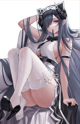 Rule 34 | 1girl, absurdres, animal ears, arm behind head, arm garter, arm up, august von parseval (azur lane), august von parseval (the conquered unhulde) (azur lane), azur lane, bare arms, bare shoulders, black bow, black bowtie, black footwear, black hair, black skirt, bow, bowtie, breasts, collared shirt, commentary, eternity (shadeh), feet, full body, hair over one eye, high heels, highres, horns, knees up, large breasts, long hair, looking at viewer, mechanical horns, mouth hold, official alternate costume, purple eyes, ribbon, ribbon in mouth, shirt, shoe dangle, shoes, sideboob, single shoe, sitting, skirt, sleeveless, sleeveless shirt, solo, thighhighs, very long hair, white background, white shirt, white thighhighs