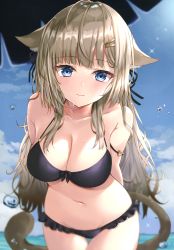 Rule 34 | 1girl, absurdres, akino ell, animal ear fluff, animal ears, arms behind back, bare shoulders, bikini, black bikini, blue eyes, blurry, breasts, brown hair, cat ears, cat girl, cat tail, cleavage, closed mouth, cloud, collarbone, cowboy shot, day, depth of field, floppy ears, frilled bikini, frills, front-tie bikini top, front-tie top, groin, hair ornament, hair ribbon, hairclip, halterneck, halterneck, highres, large breasts, leaning forward, long hair, looking at viewer, navel, original, outdoors, ribbon, scan, sky, smile, solo, standing, stomach, swimsuit, tail, thigh gap, thighs, very long hair, wet
