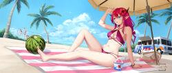 Rule 34 | 6+girls, absurdres, alternate costume, arm support, arm up, ball, barefoot, beach towel, beach umbrella, beach volleyball, bikini, black bikini, blue eyes, blue sky, bracelet, breasts, cloud, cloudy sky, day, demon horns, feet, flower, food, food truck, fruit, full body, gawr gura, gradient hair, hair between eyes, hair flower, hair ornament, hakos baelz, heterochromia, highres, hololive, hololive english, horns, irys (hololive), jewelry, knee up, legs, long hair, looking to the side, medium breasts, mori calliope, multicolored hair, multiple girls, navel, ninomae ina&#039;nis, on ground, one-piece swimsuit, ouro kronii, palm tree, playing sports, purple bikini, purple eyes, purple hair, red bikini, red hair, shadow, shaved ice, sidelocks, signature, sitting, skindentation, sky, skyrail, solo focus, swimsuit, thighs, toes, towel, tree, umbrella, underboob, virtual youtuber, volleyball, volleyball (object), watermelon, white one-piece swimsuit