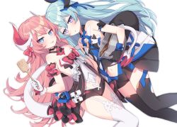 Rule 34 | 2girls, :p, bare shoulders, black gloves, black shorts, blue eyes, blue hair, blue ribbon, blush, bow, bowl, breasts, chocolate, cleavage, commentary, dress, feet out of frame, flower, garter straps, gloves, hair between eyes, hair bow, hair ribbon, hajin, hand up, highres, holding, holding bowl, honkai (series), honkai impact 3rd, horns, jitome, liliya olenyeva, long hair, looking at viewer, multiple girls, navel, pink hair, purple eyes, red bow, red flower, red rose, ribbon, rose, rozaliya olenyeva, short dress, short shorts, shorts, simple background, small breasts, smile, strapless, strapless dress, tail, thick eyebrows, thighhighs, thighs, tongue, tongue out, very long hair, white background, white gloves, white legwear, wooden spoon