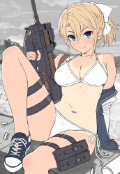 Rule 34 | 1girl, arm support, bikini, blonde hair, blue eyes, bow, breasts, bullpup, cleavage, commentary request, gun, hair between eyes, hair bow, highres, itou (onsoku tassha), jacket, looking at viewer, medium breasts, navel, original, p90, personal defense weapon, shoes, short hair, side-tie bikini bottom, smile, sneakers, solo, submachine gun, swimsuit, tan, tanline, weapon, white bikini, white bow