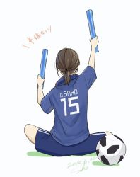 Rule 34 | 1girl, ball, brown hair, commentary request, dated, from behind, hands up, holding, indian style, jersey, original, ponytail, purple shirt, purple shorts, sako (35s 00), shirt, short hair, short sleeves, shorts, signature, simple background, sitting, soccer, soccer ball, soccer uniform, solo, sportswear, translation request, white background