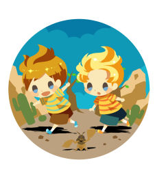 Rule 34 | 2boys, blonde hair, blue footwear, blue shorts, blush stickers, brothers, brown shorts, cactus, claus (mother 3), cricket, hitofutarai, lucas (mother 3), male focus, mother (game), mother 3, multiple boys, nintendo, open mouth, orange footwear, outdoors, round image, running, shorts, siblings, simple background, tree, walking, white background