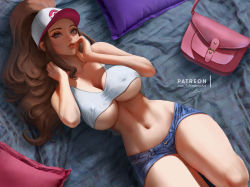 Rule 34 | 1girl, alternate breast size, bare legs, bare shoulders, baseball cap, blue eyes, breasts, brown hair, cleavage, covered erect nipples, creatures (company), crop top, denim, denim shorts, game freak, hands up, hat, hilda (pokemon), large breasts, lolliedrop, long hair, looking at viewer, lying, midriff, navel, nintendo, on back, pinup (style), pokemon, pokemon bw, ponytail, short shorts, shorts, sidelocks, solo, tank top, underboob