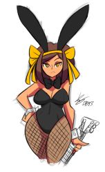 Rule 34 | 1girl, animal ears, bad id, bad tumblr id, bare shoulders, bigdead, bow, bowtie, breasts, brown hair, rabbit ears, playboy bunny, cleavage, cowboy shot, cropped legs, electric guitar, fake animal ears, fishnet pantyhose, fishnets, guitar, hairband, hand on own hip, highres, instrument, large breasts, long hair, pantyhose, signature, narrow waist, solo, suzumiya haruhi, suzumiya haruhi no yuuutsu, thick thighs, thighs, wide hips, wrist cuffs, yellow eyes