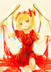 Rule 34 | 1girl, ascot, bare legs, barefoot, blonde hair, blood, bow, dress, fangs, female focus, flandre scarlet, hair bow, hat, kneeling, nail polish, namie-kun, on one knee, open mouth, pool of blood, red dress, red eyes, short dress, short hair, short sleeves, side ponytail, solo, toenail polish, toenails, touhou, vampire, wings