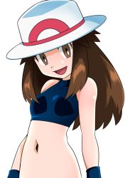 Rule 34 | 1girl, breasts, brown eyes, brown hair, creatures (company), game freak, hainchu, hat, leaf (pokemon), long hair, looking at viewer, nintendo, open mouth, pokemon, pokemon frlg, simple background, sleeveless, smile, solo, white background, wristband