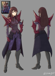 Rule 34 | 1girl, absurdres, aged up, armor, armored boots, boots, brown hair, character sheet, commentary, diooksan, english commentary, facing away, full body, gauntlets, grey background, hand on own hip, highres, kagari atsuko, little witch academia, long hair, looking at viewer, multiple views, pants, purple pants, purple skirt, red eyes, reference inset, shoulder armor, sidelocks, signature, simple background, skirt, standing