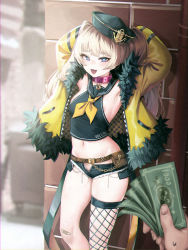 Rule 34 | 1girl, :d, absurdres, areola slip, armpits, arms behind head, azur lane, bache (azur lane), bandaid, bandaid on knee, bandaid on leg, belt, belt pouch, black hat, black shirt, black shorts, blonde hair, breasts, brick wall, collar, cowboy shot, crop top, cutoffs, denim, denim shorts, exposed pocket, fang, fishnet thighhighs, fishnets, fur-trimmed jacket, fur trim, hat, heart, heart-shaped pupils, highres, holding, holding money, huge filesize, jacket, long hair, looking at viewer, micro shorts, midriff, mochirong, money, navel, neckerchief, open clothes, open fly, open jacket, open mouth, pouch, pov, pov hands, prostitution, purple eyes, sailor collar, sailor hat, school uniform, serafuku, shirt, shorts, single thighhigh, sleeveless, sleeveless shirt, small breasts, smile, solo, standing, symbol-shaped pupils, thighhighs, thighs, twintails, yellow jacket, yellow neckerchief