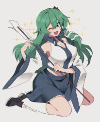 Rule 34 | 1girl, :d, black footwear, blue skirt, breasts, cleavage, collared shirt, detached sleeves, frog hair ornament, full body, gohei, green eyes, green hair, hair between eyes, hair ornament, highres, holding, kamenozoki momomo, kochiya sanae, large breasts, long hair, navel, nontraditional miko, one eye closed, open mouth, seiza, shirt, simple background, sitting, skirt, smile, snake hair ornament, solo, star (symbol), touhou, twitter username, white background, white hair, white legwear, wide sleeves