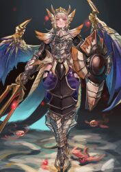 Rule 34 | 1girl, armor, armored boots, black garter straps, blonde hair, blue skin, boots, breastplate, coattails, colored skin, commentary request, dragon wings, full body, garter straps, gauntlets, gold skin, grey background, highres, holding, holding sword, holding weapon, knight, light particles, looking at viewer, looking down, malzeno (monster hunter), monster hunter (series), pale skin, pauldrons, personification, primordial malzeno (monster hunter), pursed lips, qurio (monster hunter), red eyes, red skin, sharp teeth, shield, shoulder armor, solo, spikes, standing, sword, teda (teba3939), teeth, thigh boots, tiara, weapon, wings