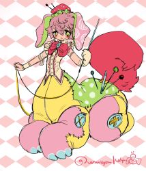 Rule 34 | 1boy, animal ears, animal feet, animal hands, beret, bow, bowtie, buttons, centaur, centauroid, claws, collar, frilled collar, frilled sleeves, frills, full body, green eyes, hat, highres, holding, holding needle, looking at viewer, monster boy, multicolored background, needle, original, pink background, pink bow, pink bowtie, pink hair, polka dot, shima (wansyon144), short hair, short sleeves, signature, sitting, stitches, stuffed toy, tail, taur, thread, white background, yellow pupils
