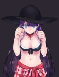 Rule 34 | &gt;:|, 1girl, :|, bare arms, bikini, black bikini, black hat, blue eyes, blunt bangs, breasts, breasts apart, choker, cleavage, clenched hands, closed mouth, cross, earrings, fate/grand order, fate (series), fighting stance, frills, hat, image sample, jewelry, long hair, looking at viewer, martha (fate), martha (swimsuit ruler) (fate), medium breasts, navel, purple hair, sarong, serious, simple background, solo, standing, stomach, swimsuit, twitter sample, urayamashiro (artist), v-shaped eyebrows, very long hair