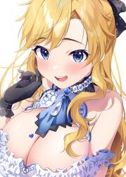 Rule 34 | 1girl, ascot, bare shoulders, bead choker, black gloves, blonde hair, blue ascot, blue eyes, blush, breasts, brooch, cleavage, dress, frilled dress, frills, from above, gem, gloves, halter dress, halterneck, hand up, heart, highres, idolmaster, idolmaster cinderella girls, idolmaster cinderella girls starlight stage, jewelry, large breasts, long hair, looking at viewer, nako narita, ohtsuki yui, open mouth, simple background, smile, solo, swept bangs, upper body, wavy hair, white background