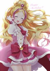 Rule 34 | 1girl, artist name, backlighting, birthday, blonde hair, bow, bowtie, closed eyes, commentary, cure flora, dated, dress, earrings, facing viewer, gloves, go! princess precure, gradient hair, hand in own hair, happy birthday, haruno haruka, highres, jewelry, long hair, magical girl, multicolored hair, okayashi, open mouth, pink dress, pink hair, precure, puffy short sleeves, puffy sleeves, red bow, red bowtie, short dress, short sleeves, signature, simple background, smile, solo, standing, streaked hair, tiara, two-tone hair, white background, white gloves, wide ponytail