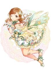 Rule 34 | 1girl, ankle strap, bare shoulders, bintaptyo, bow, breasts, brown hair, choker, closed mouth, collarbone, dot nose, dress, dress bow, etou misaki (idolmaster), floral background, flower, frilled dress, frills, from side, full body, green bow, green eyes, green footwear, green ribbon, hair flower, hair ornament, hand up, high heels, idolmaster, idolmaster cinderella girls, idolmaster cinderella girls starlight stage, lace, lace-trimmed dress, lace trim, long hair, looking at viewer, medium breasts, multicolored background, neck ribbon, off-shoulder dress, off shoulder, one eye closed, ribbon, smile, solo, white choker, white flower, wrist guards, yellow dress, yellow flower
