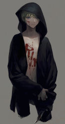 Rule 34 | 1boy, absurdres, black hoodie, black pants, blood, blood on face, blue eyes, body writing, closed mouth, cowboy shot, green hair, grey background, highres, holding, holding knife, hood, hood down, hoodie, knife, looking at viewer, male focus, original, pants, rest in peace (phrase), short hair, simple background, solo, tentsuu (tentwo)