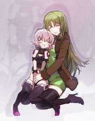 Rule 34 | 2girls, ^ ^, arm belt, bandaged arm, bandages, black panties, blush, boots, breasts, cleavage, closed eyes, dual wielding, closed eyes, facial scar, fate/apocrypha, fate/grand order, fate (series), gloves, green hair, high heel boots, high heels, holding, hug, hug from behind, jack the ripper (fate/apocrypha), long hair, lowleg, lowleg panties, multiple girls, open mouth, panties, rikudou reika, scar, scar across eye, scar on cheek, scar on face, short hair, shoulder tattoo, single glove, smile, tattoo, thigh boots, thighhighs, underwear, white hair, yurizuka (sergeant heart)