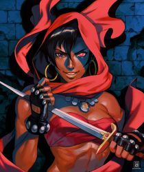Rule 34 | 1girl, against wall, bandeau, black gloves, black hair, breasts, commentary, dark skin, dark-skinned female, dungeons &amp; dragons: shadow over mystara, dungeons &amp; dragons, earrings, english commentary, fingerless gloves, gloves, grin, heterochromia, hood, hood up, hoop earrings, jewelry, lips, looking at viewer, moriah, necklace, pink eyes, red hood, red scarf, ribs, scarf, short hair, short sword, simon stafsnes andersen, small breasts, smile, solo, stomach, studded gloves, sword, toned, upper body, weapon
