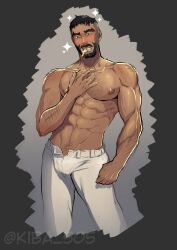 Rule 34 | 1boy, abs, absurdres, arm hair, bara, beard, black hair, blush, bulge, buzz cut, castlevania: nocturne, castlevania (series), chest hair, cropped legs, cross, cross necklace, dark-skinned male, dark skin, facial hair, hairy, hand on own chest, head tilt, highres, jewelry, kiba 505, large pectorals, male focus, mature male, mizrak (castlevania), muscular, muscular male, mustache, navel, navel hair, necklace, necklace in mouth, nipples, open fly, pectorals, short hair, solo, sparkling aura, sparse navel hair, standing, stomach, thick eyebrows, thick mustache, thick thighs, thighs, topless male, very short hair