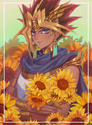 Rule 34 | 1boy, atem, blonde hair, blurry, brown hair, cape, closed mouth, commentary, dark-skinned male, dark skin, earrings, flower, framed, highres, holding, holding flower, jewelry, looking at viewer, male focus, on (isk1812), purple eyes, purple hair, short hair, smile, solo, sunflower, upper body, yu-gi-oh!, yu-gi-oh! duel monsters