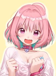 Rule 34 | 1girl, ahoge, aqua hair, bare shoulders, breasts, cleavage, clenched hands, collar, collarbone, commentary request, earrings, hair intakes, highres, idolmaster, idolmaster cinderella girls, jewelry, looking at viewer, medium breasts, multicolored hair, off shoulder, open mouth, pink hair, purple eyes, ring, short hair, simple background, solo, tamayume, tears, two-tone hair, upper body, yellow background, yumemi riamu