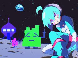 Rule 34 | 1girl, aetherion, ahoge, animated, animated gif, aqua eyes, aqua hair, aqua teen hunger force, blush stickers, breasts, err, glitch, grin, highres, ignignokt, looking at viewer, middle finger, moon, mooninites, multicolored eyes, on moon, original, pink eyes, pixelated, small breasts, smile, space, space girl (aetherion)