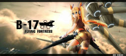 Rule 34 | ass, b-17 flying fortress, blonde hair, blue eyes, browning m2, cloud, flying, gloves, gun, heavy machine gun, highres, letterboxed, looking back, machine gun, mag, mag (mag42), personification, safety glasses, shorts, solo, twintails, weapon