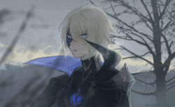 Rule 34 | 1boy, armor, artist name, black cape, black mask, black shirt, blonde hair, blue cape, blue eyes, blurry, branch, cape, cloud, cloudy sky, dainsleif (genshin impact), genshin impact, hair between eyes, highres, kaimochi0839, long sleeves, looking at viewer, male focus, mask, open mouth, outdoors, shirt, short hair, shoulder armor, sky, solo, standing, star-shaped pupils, star (symbol), steam, symbol-shaped pupils, teeth, tongue, tree, two-sided cape, two-sided fabric, yellow sky